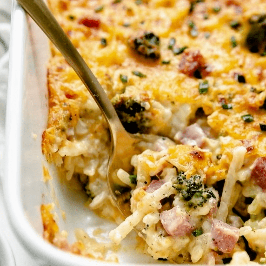 Cheesy Scalloped Potatoes with Ham and Broccoli