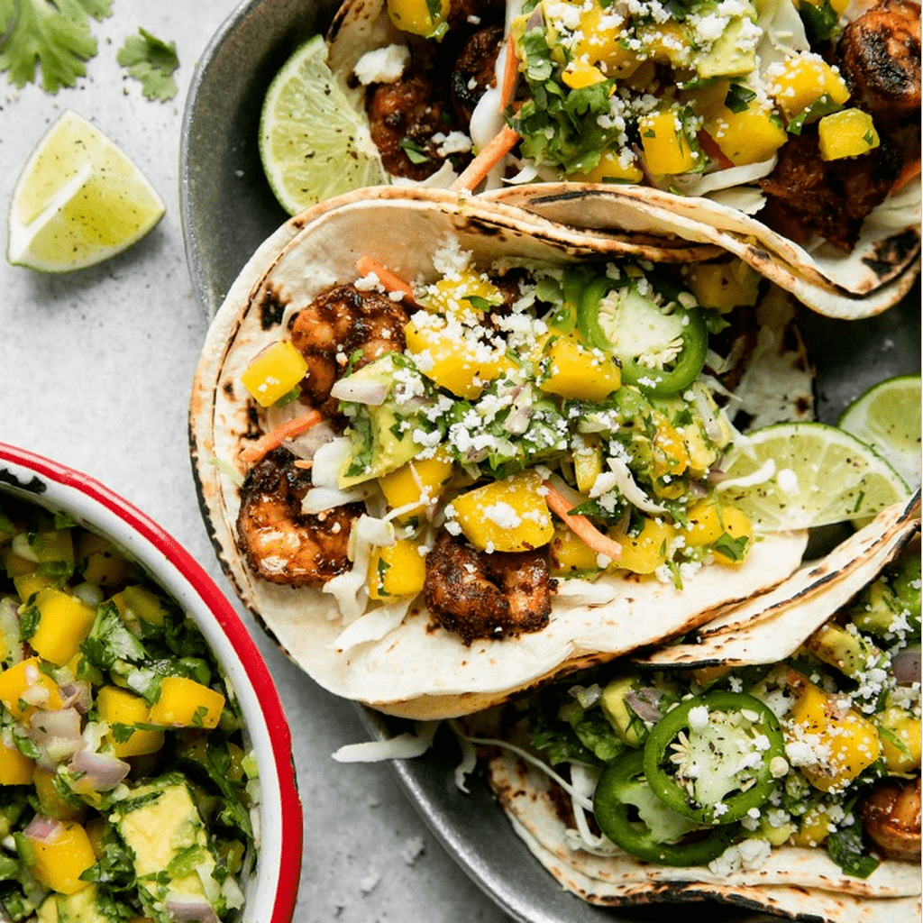 Grilled Shrimp Tacos with Mango Avocado Salsa
