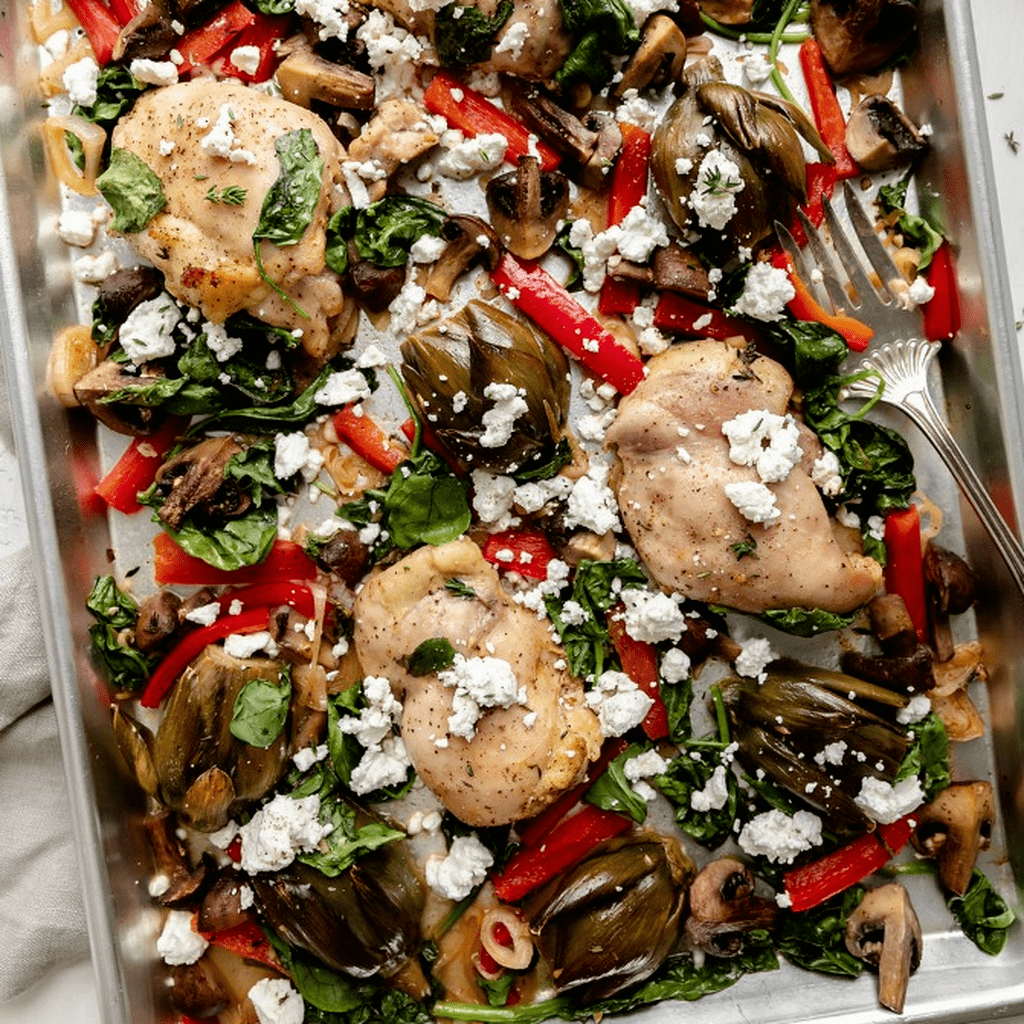 Sheet Pan Artichoke Chicken with Goat Cheese