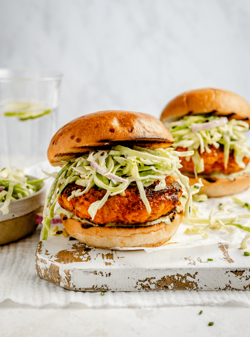 Buffalo Chicken Burgers with Gorgonzola Slaw