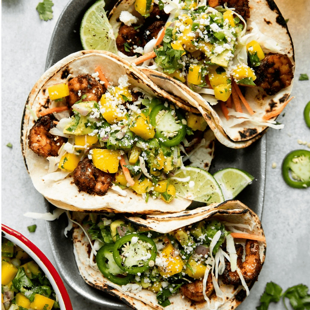 Grilled Shrimp Tacos with Mango Avocado Salsa