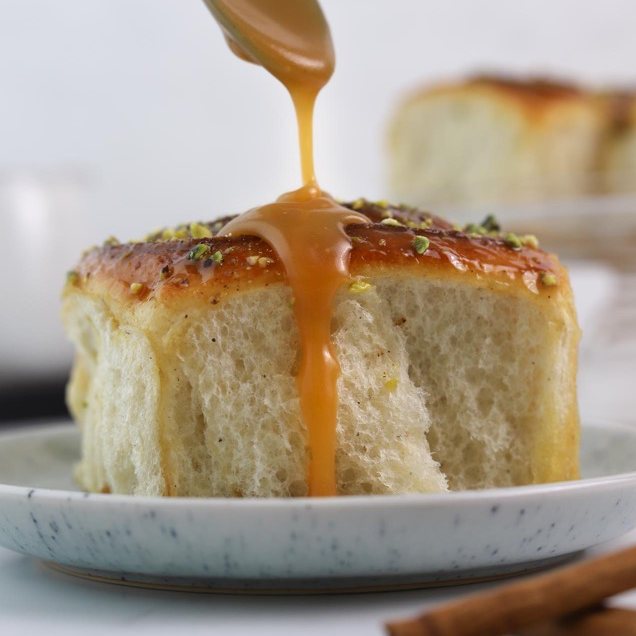 Sourdough Cinnamon Rolls with Caramel & Pistachio