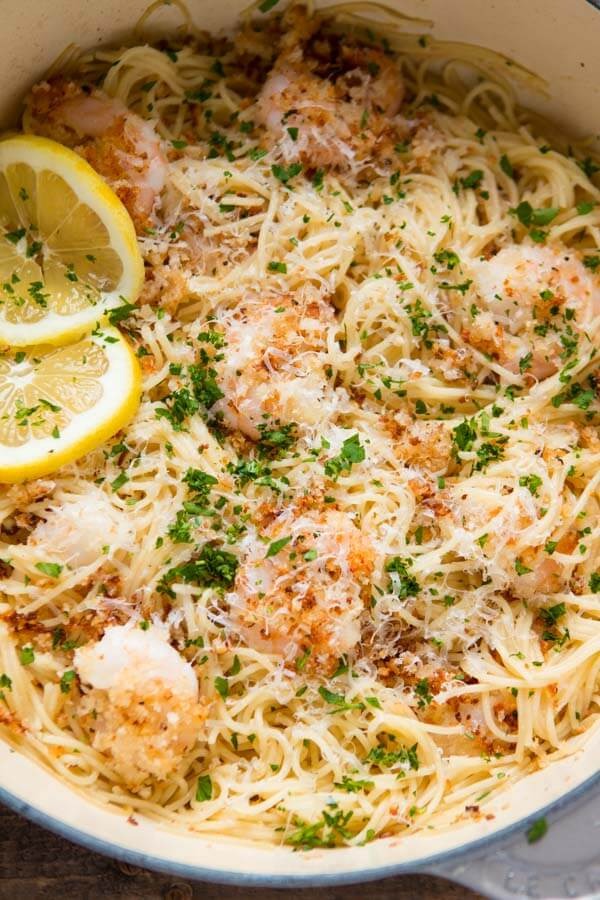 One Pot Breaded Parmesan Shrimp Scampi Pasta